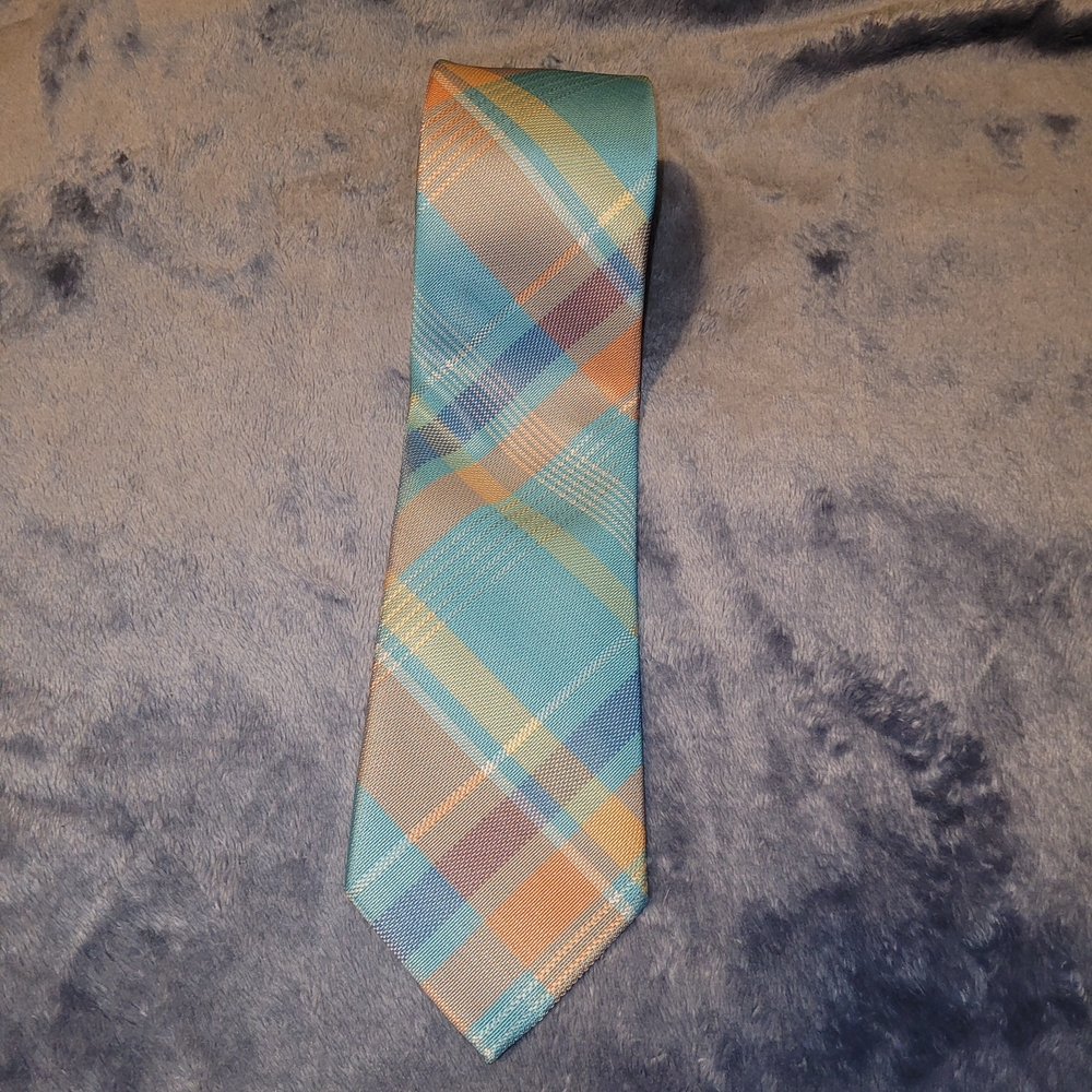 Stafford Plaid Tie in Teal and Orange